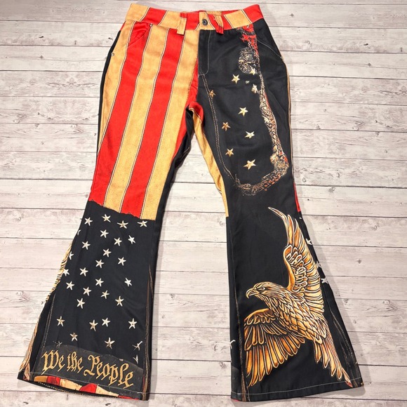 No Brand Pants - Patriotic American Flag Eagle Flare Leg Festival Rodeo Pants Womens Medium